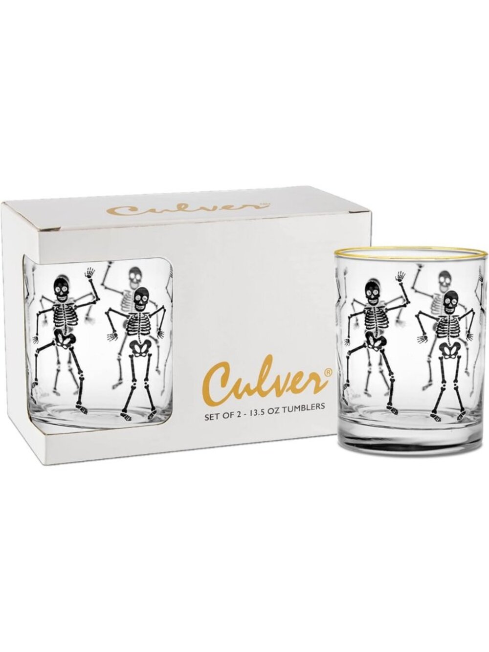 Set of 2 Gold Rim Dancing Skeletons Double Old-Fashioned Glasses, 13.5oz Gift